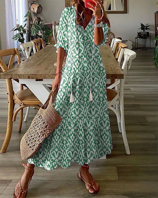 MIRÈA | Long Printed Dress with 3/4 Sleeves and Elegant Cord Details