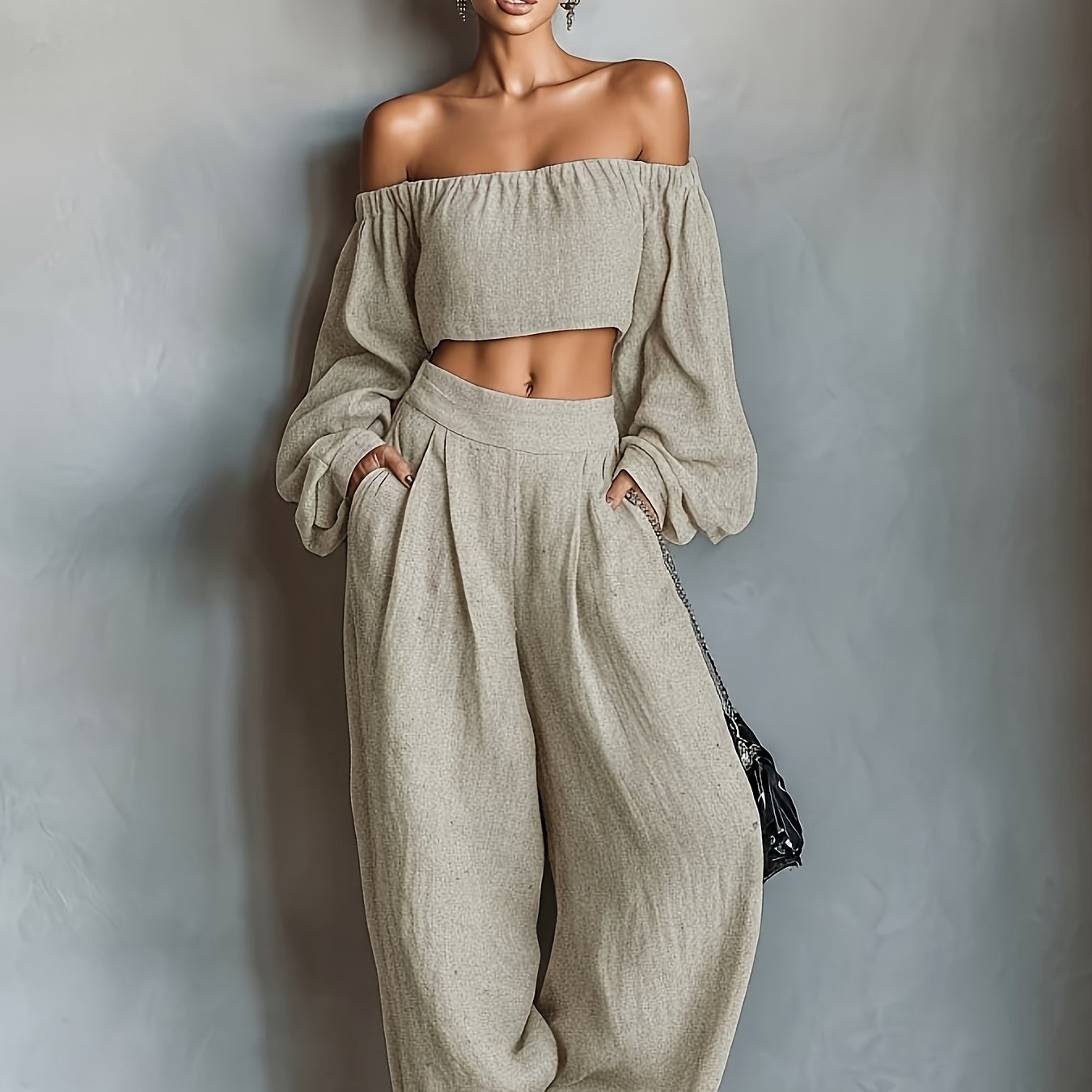 Tiana || Off-shoulder neckline outfit with wide pants