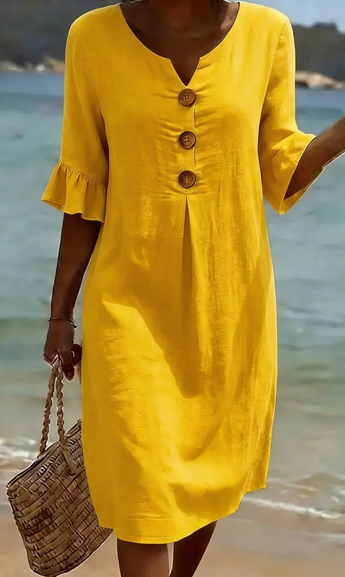 Vanesa™ | Linen Textured Dress with Puff Sleeves and Buttons