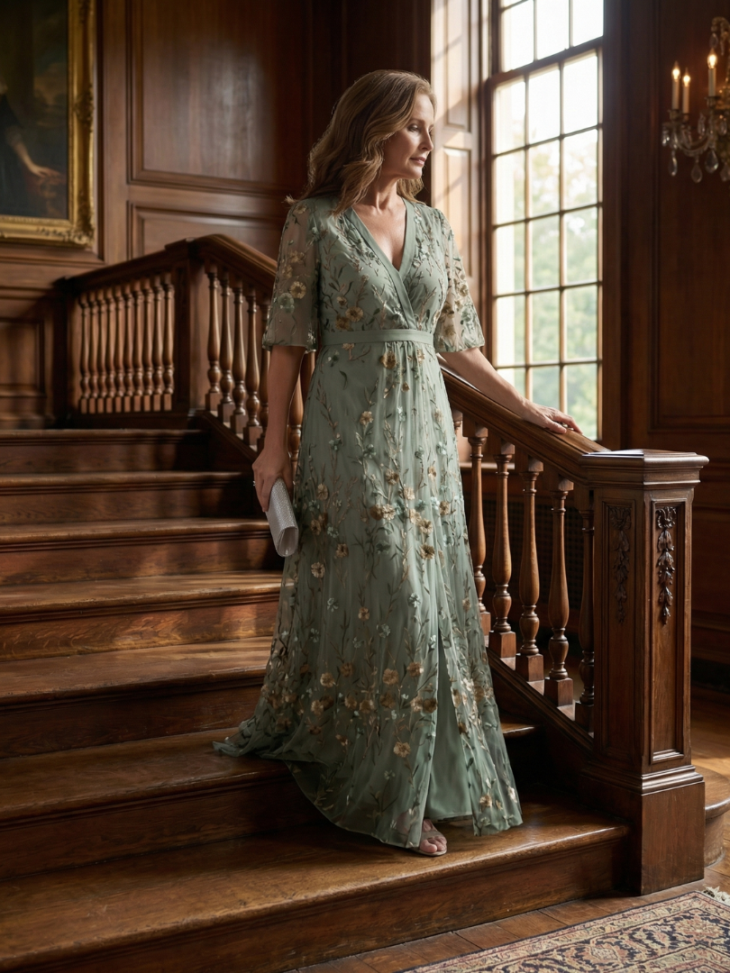 Sage | Floral Maxi Dress with V-Neck and Flutter Sleeves