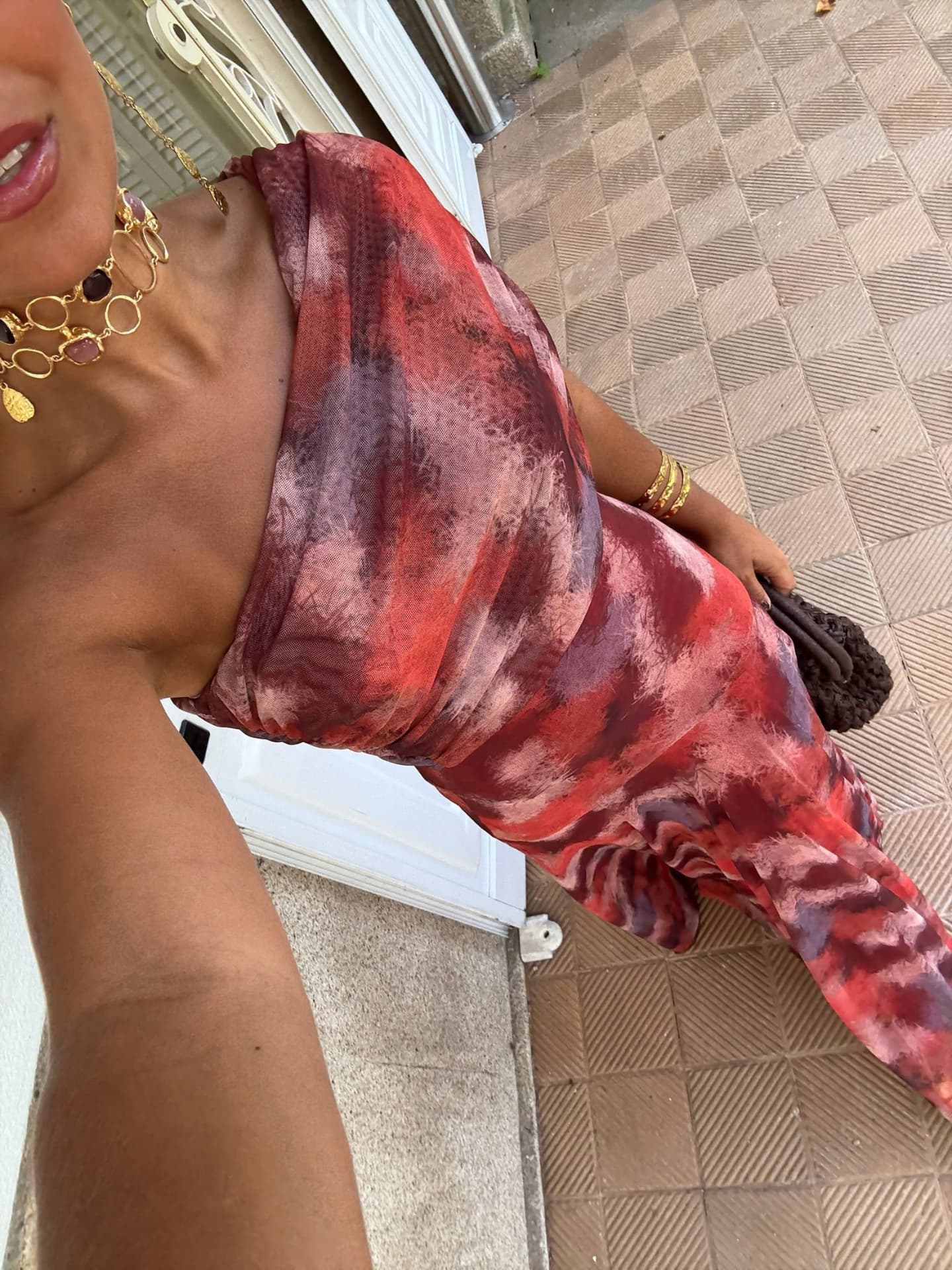 Long watercolor dress with dropped shoulders