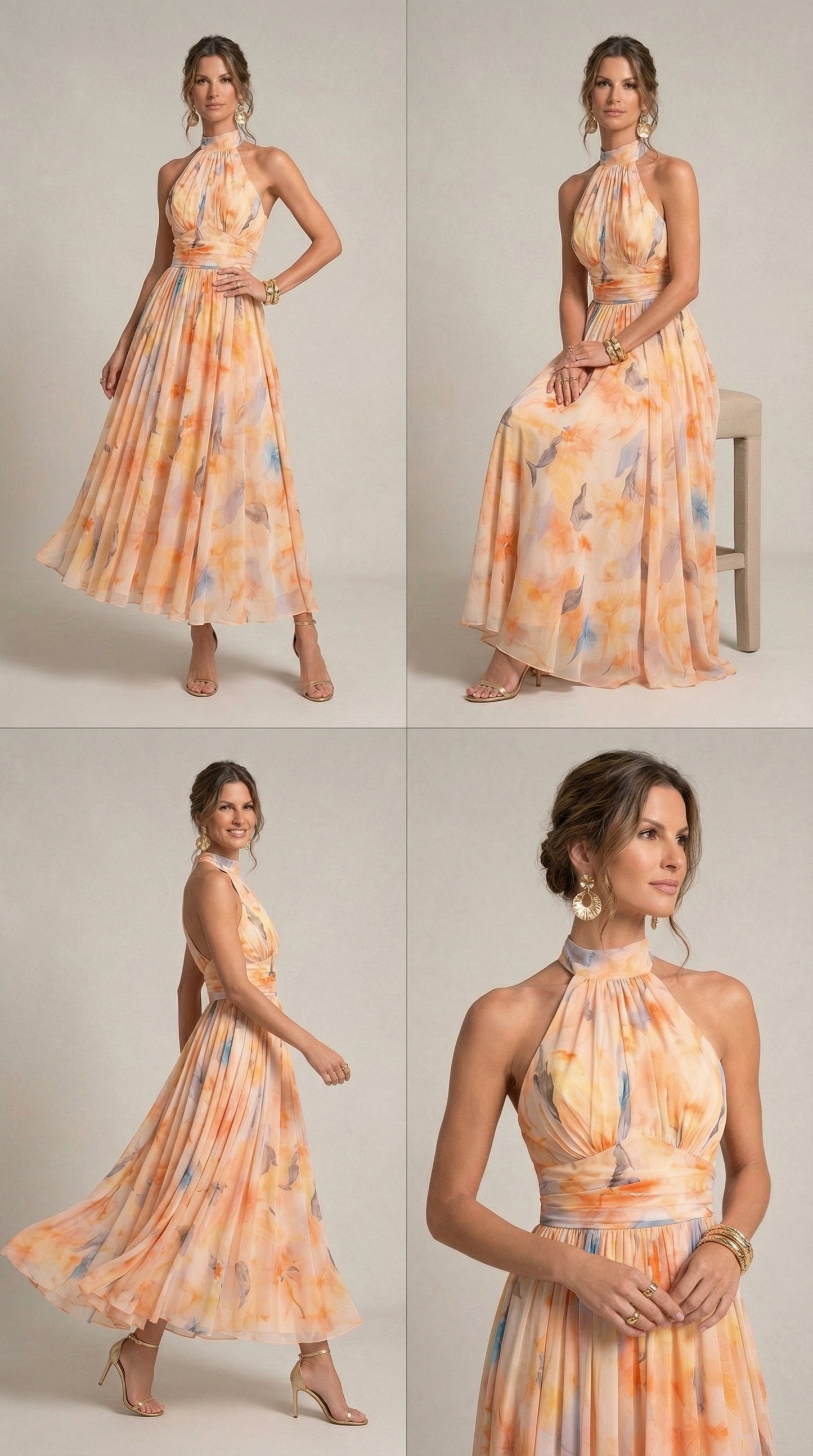Watercolor Print Halter Neck Dress