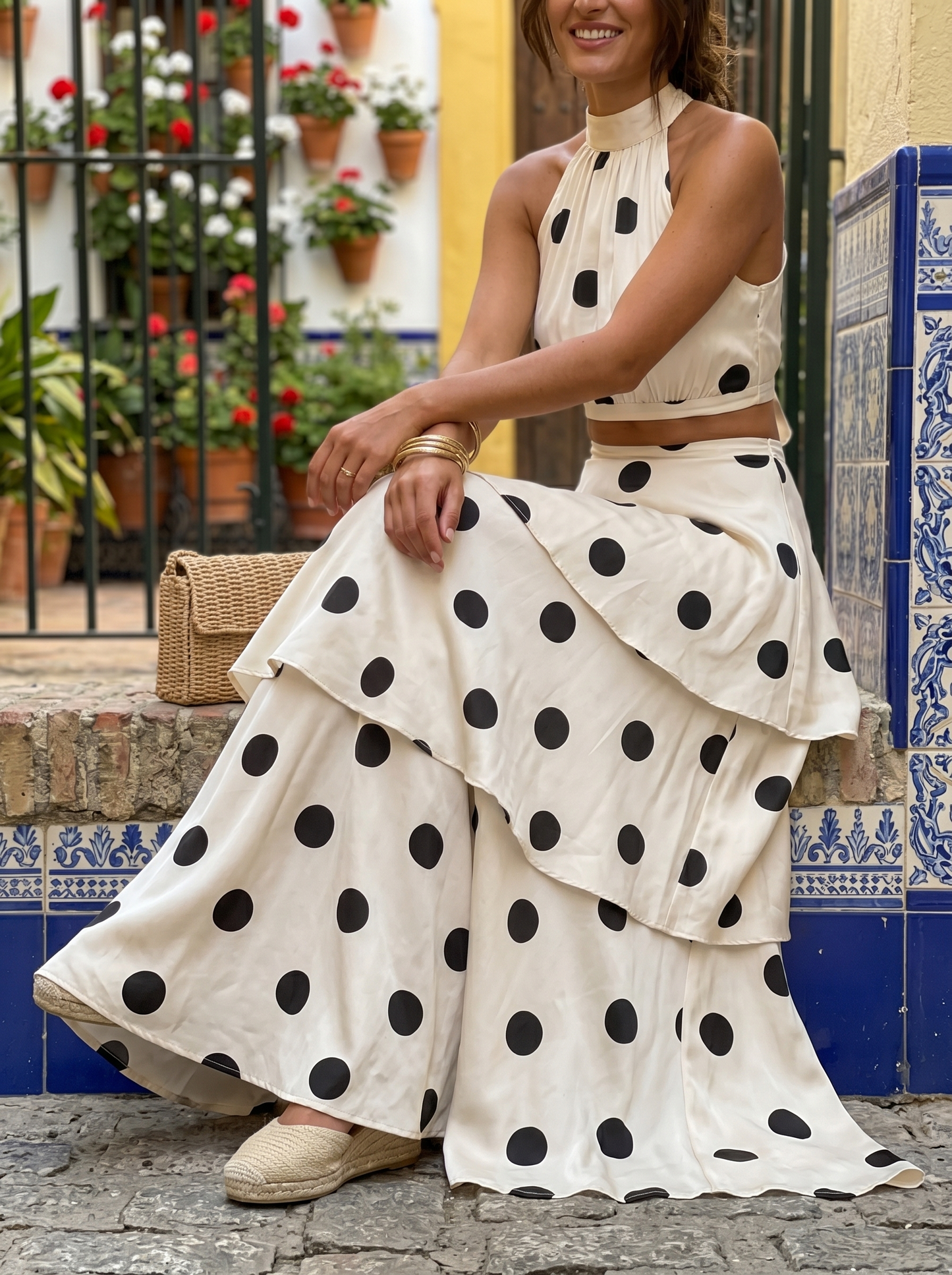 Ensemble top and long skirt with polka dots