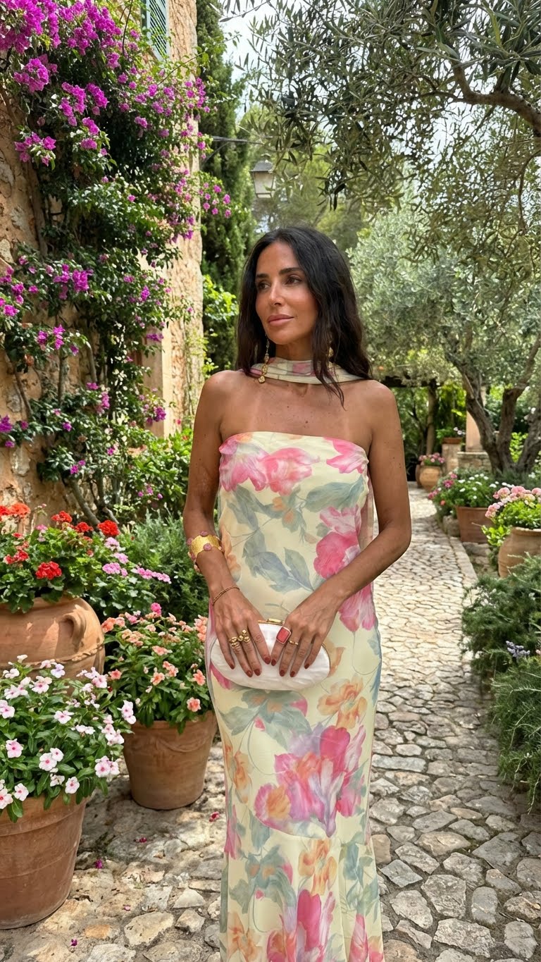 Long floral watercolor strapless dress