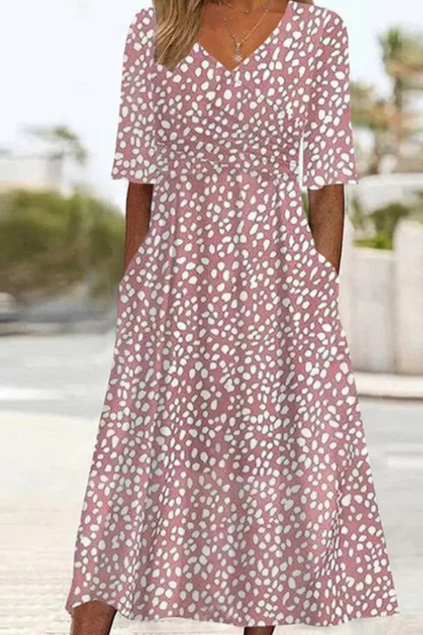 SCARLETT | Pink Polka Dot Midi Dress with V-Neck and Flutter Sleeves