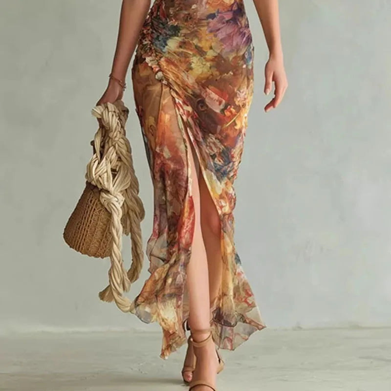 ROSALIND | Floral Maxi Dress Puff Sleeve Square Neck Elegant Fitted Style