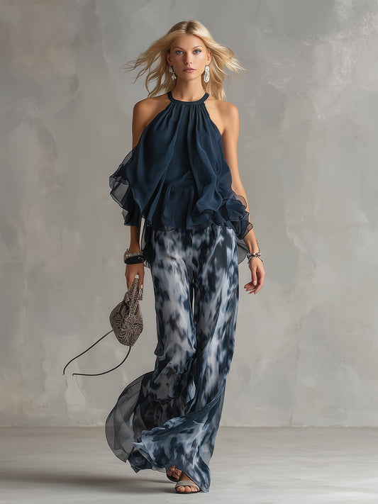 Lilla – elegant chiffon ensemble with a high-neck top and wide-leg patterned pants
