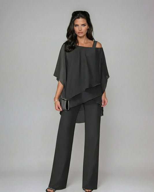 Loretta | Cotton and Canvas Set with Batwing Sleeve Top and Wide Pants