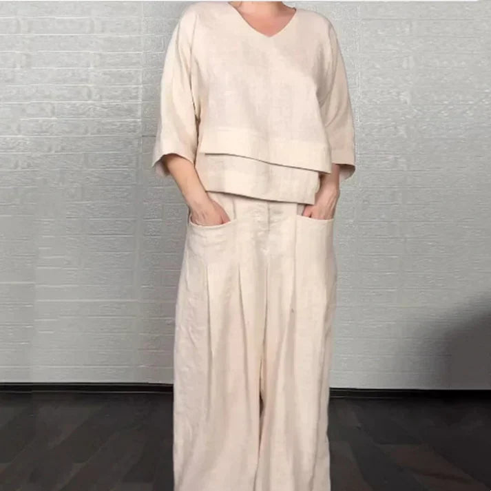 Liza - 2-Piece Cotton and Canvas Set - V-Neck Top and Wide-Leg Pants