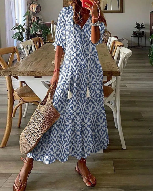 MIRÈA | Long Printed Dress with 3/4 Sleeves and Elegant Cord Details