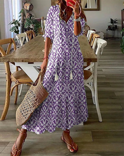 MIRÈA | Long Printed Dress with 3/4 Sleeves and Elegant Cord Details