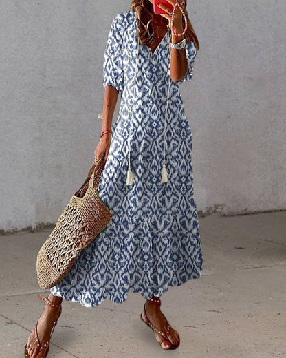 MIRÈA | Long Printed Dress with 3/4 Sleeves and Elegant Cord Details