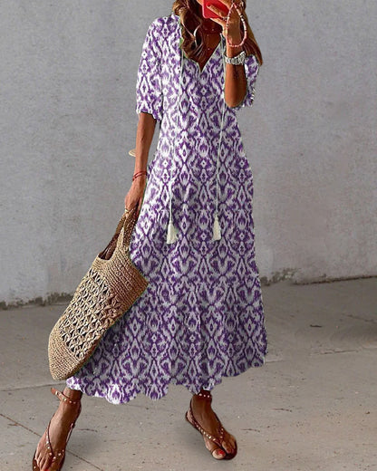 MIRÈA | Long Printed Dress with 3/4 Sleeves and Elegant Cord Details