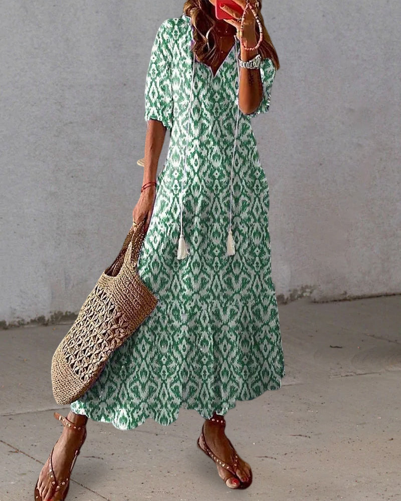MIRÈA | Long Printed Dress with 3/4 Sleeves and Elegant Cord Details