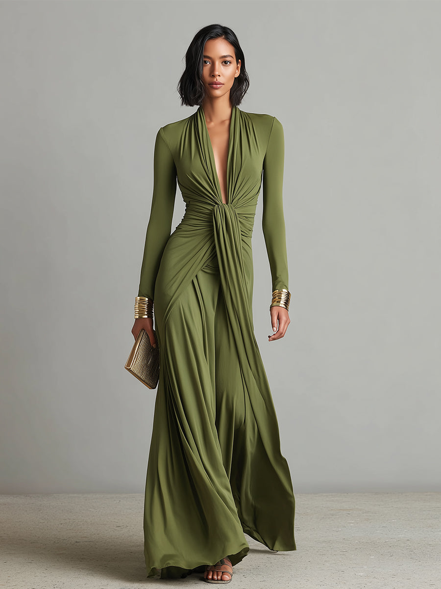 Olive Silk Maxi Dress with V-Neck