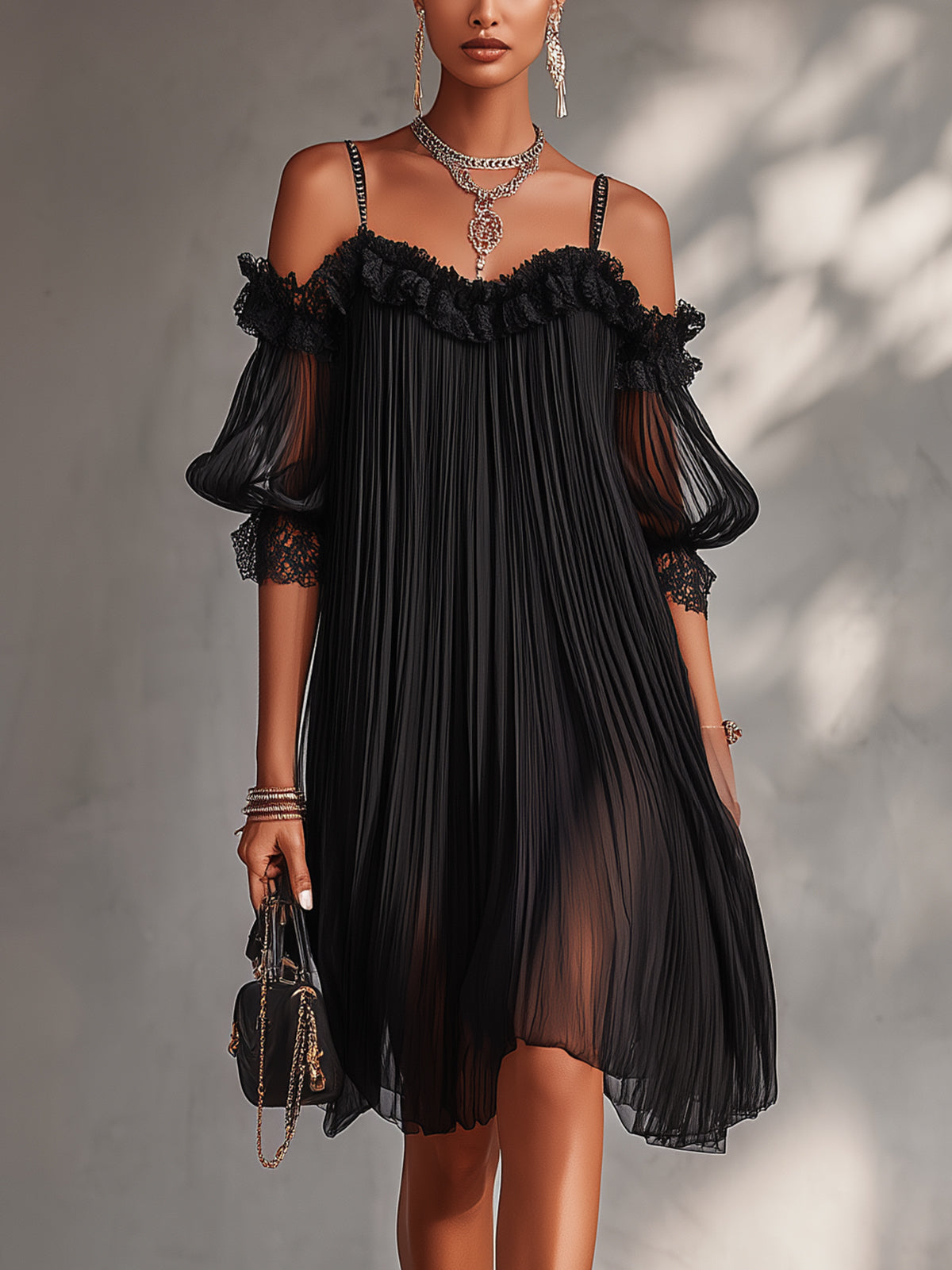 ARIA | Pleated Cold-Shoulder Mini Dress with Lace Trim