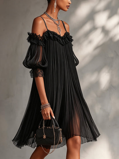 ARIA | Pleated Cold-Shoulder Mini Dress with Lace Trim