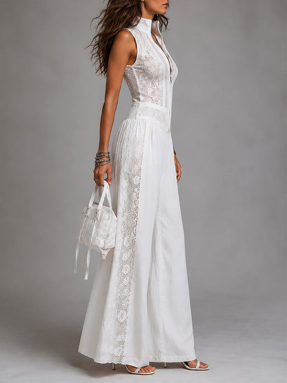 Vintage jumpsuit with high collar and wide leg with lace panels