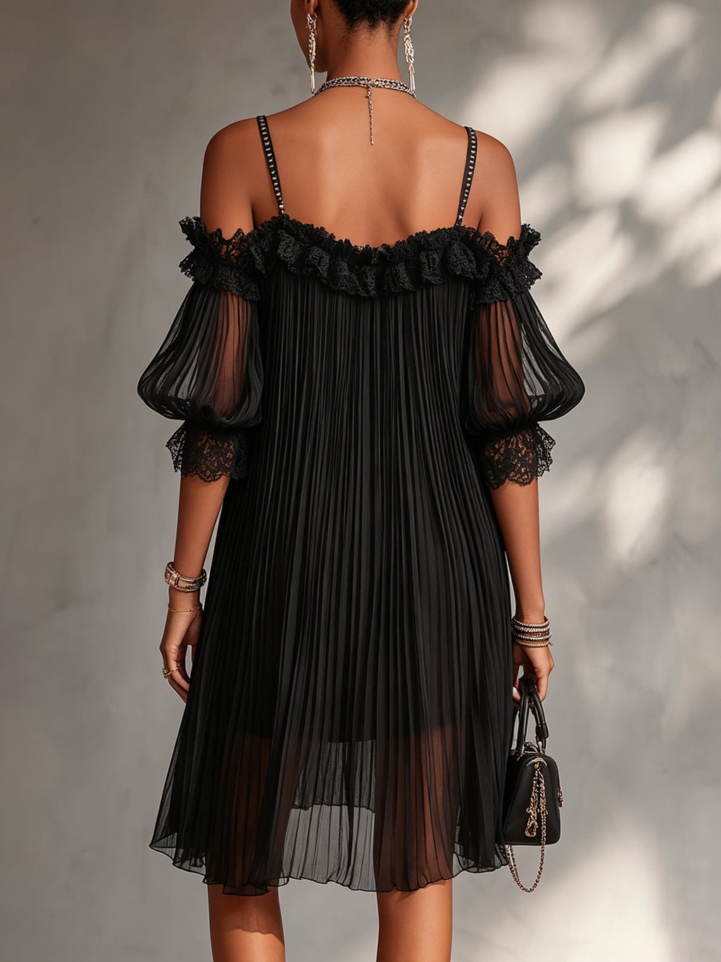 ARIA | Pleated Cold-Shoulder Mini Dress with Lace Trim