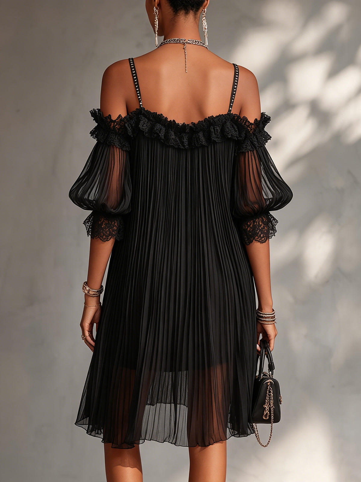 ARIA | Pleated Cold-Shoulder Mini Dress with Lace Trim