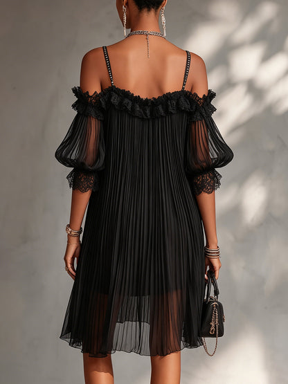 ARIA | Pleated Cold-Shoulder Mini Dress with Lace Trim