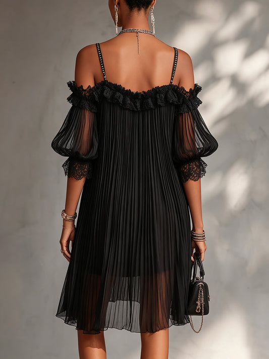 ARIA | Pleated Cold-Shoulder Mini Dress with Lace Trim