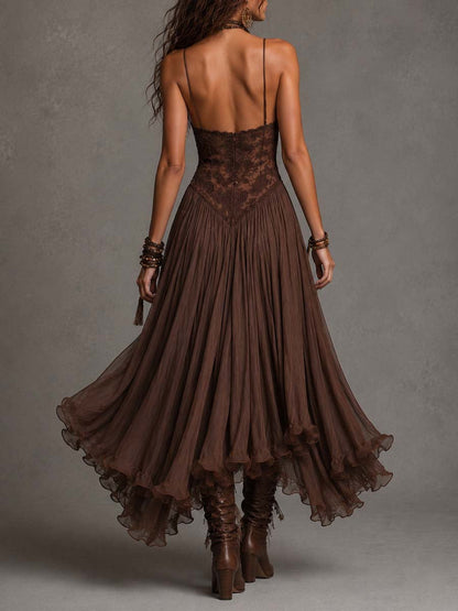 Dark Brown Lace-Paneled Chiffon Maxi Dress