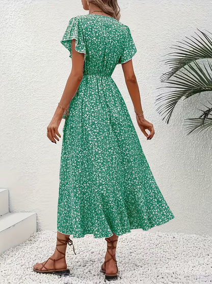 Skye | Floral Wrap Midi Dress with Ruffle Sleeves and Asymmetric Hem