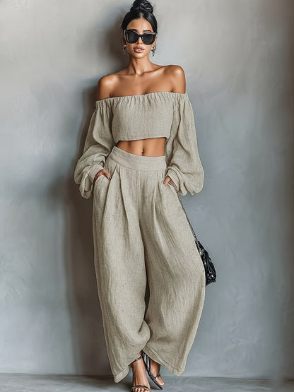 Tiana || Off-shoulder neckline outfit with wide pants