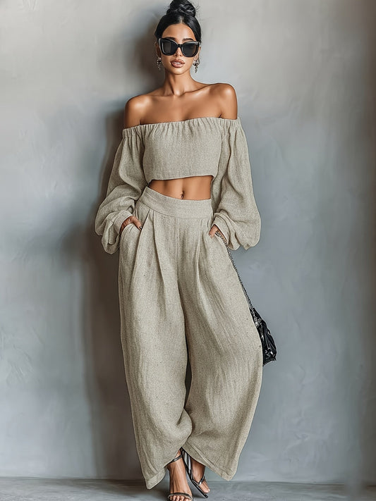 Tiana || Off-shoulder neckline outfit with wide pants