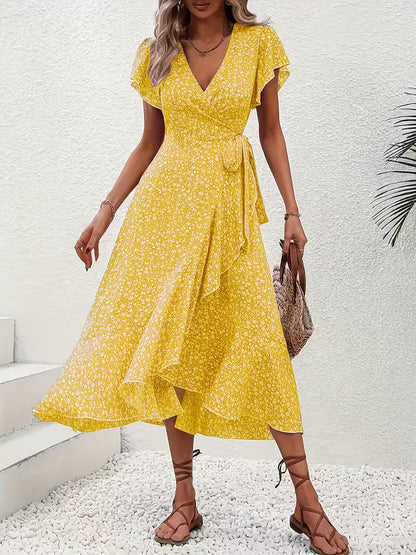 Skye | Floral Wrap Midi Dress with Ruffle Sleeves and Asymmetric Hem