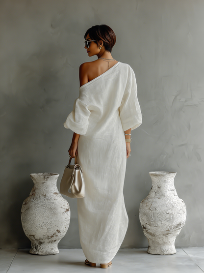 Elegant Flowing Dress in Ivory White with Off-Shoulder Design