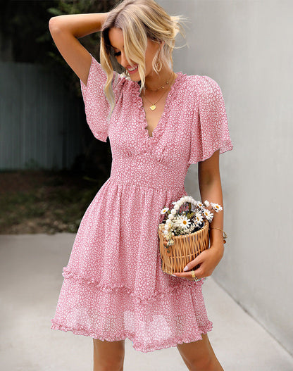 Layered chiffon dress with polka dots and V-neck
