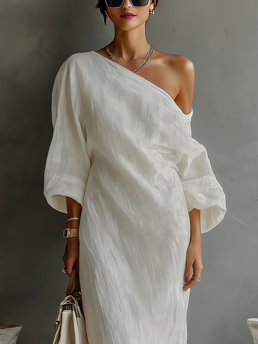 Elegant Flowing Dress in Ivory White with Off-Shoulder Design