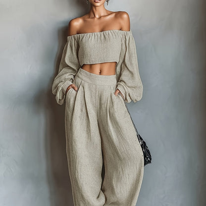 Tiana || Off-shoulder neckline outfit with wide pants