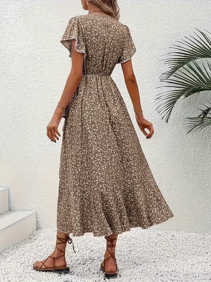 Skye | Floral Wrap Midi Dress with Ruffle Sleeves and Asymmetric Hem
