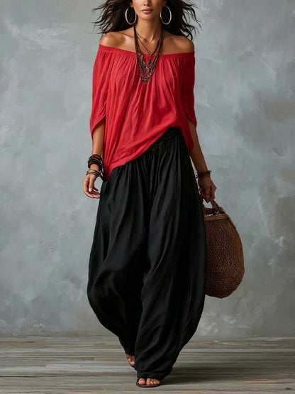 Top White Off-the-shoulder and Wide Lantern Pants