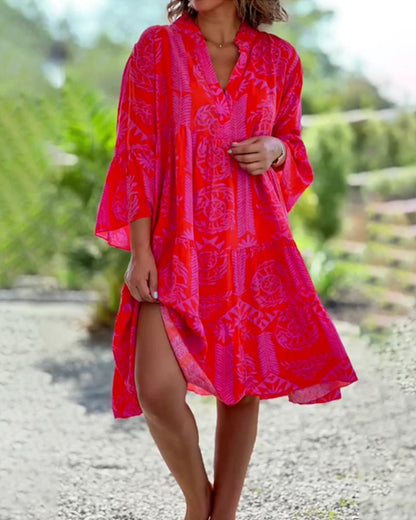 CHIARA | Long Dress with Boho Print and 3/4 Bell Sleeves