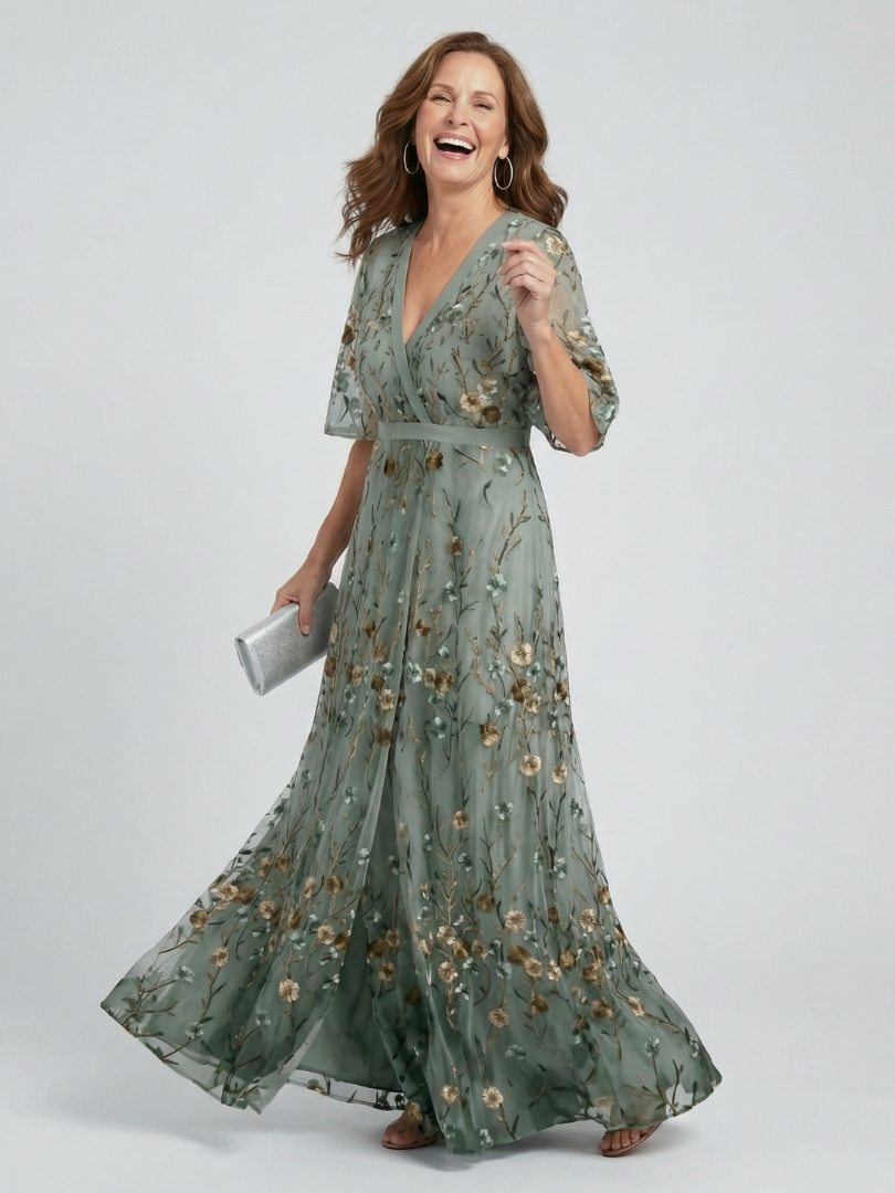 Sage | Floral Maxi Dress with V-Neck and Flutter Sleeves