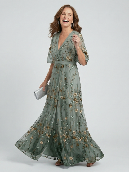 Sage | Floral Maxi Dress with V-Neck and Flutter Sleeves