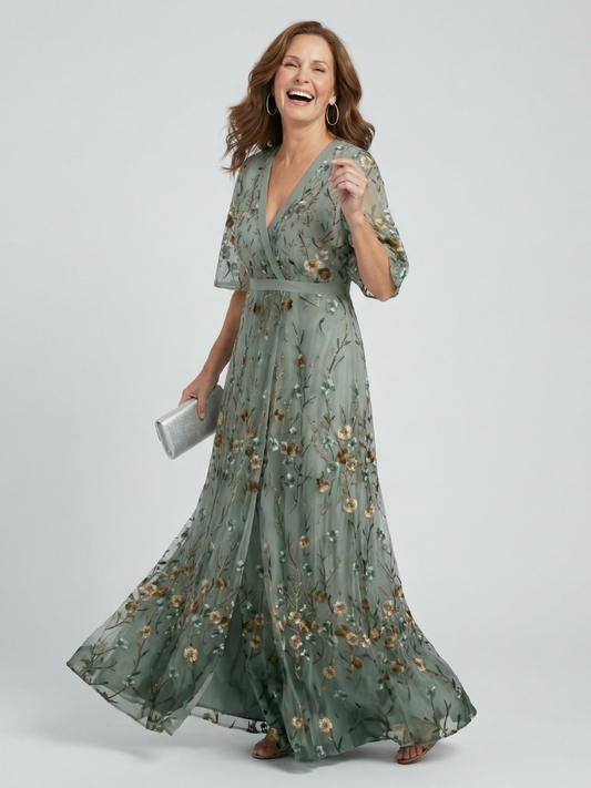 Sage | Floral Maxi Dress with V-Neck and Flutter Sleeves