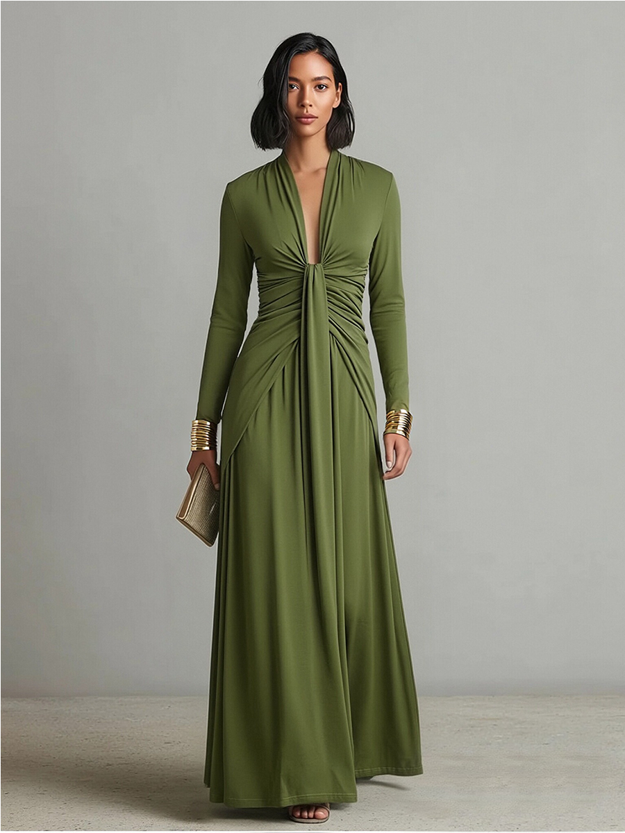 Olive Silk Maxi Dress with V-Neck