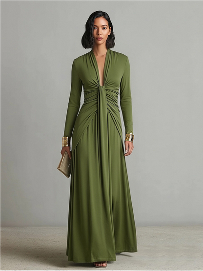 Olive Silk Maxi Dress with V-Neck