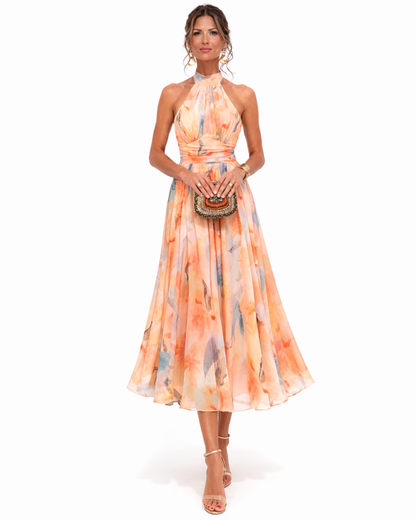 Aurora | Halter Neck Maxi Dress with Watercolour Print