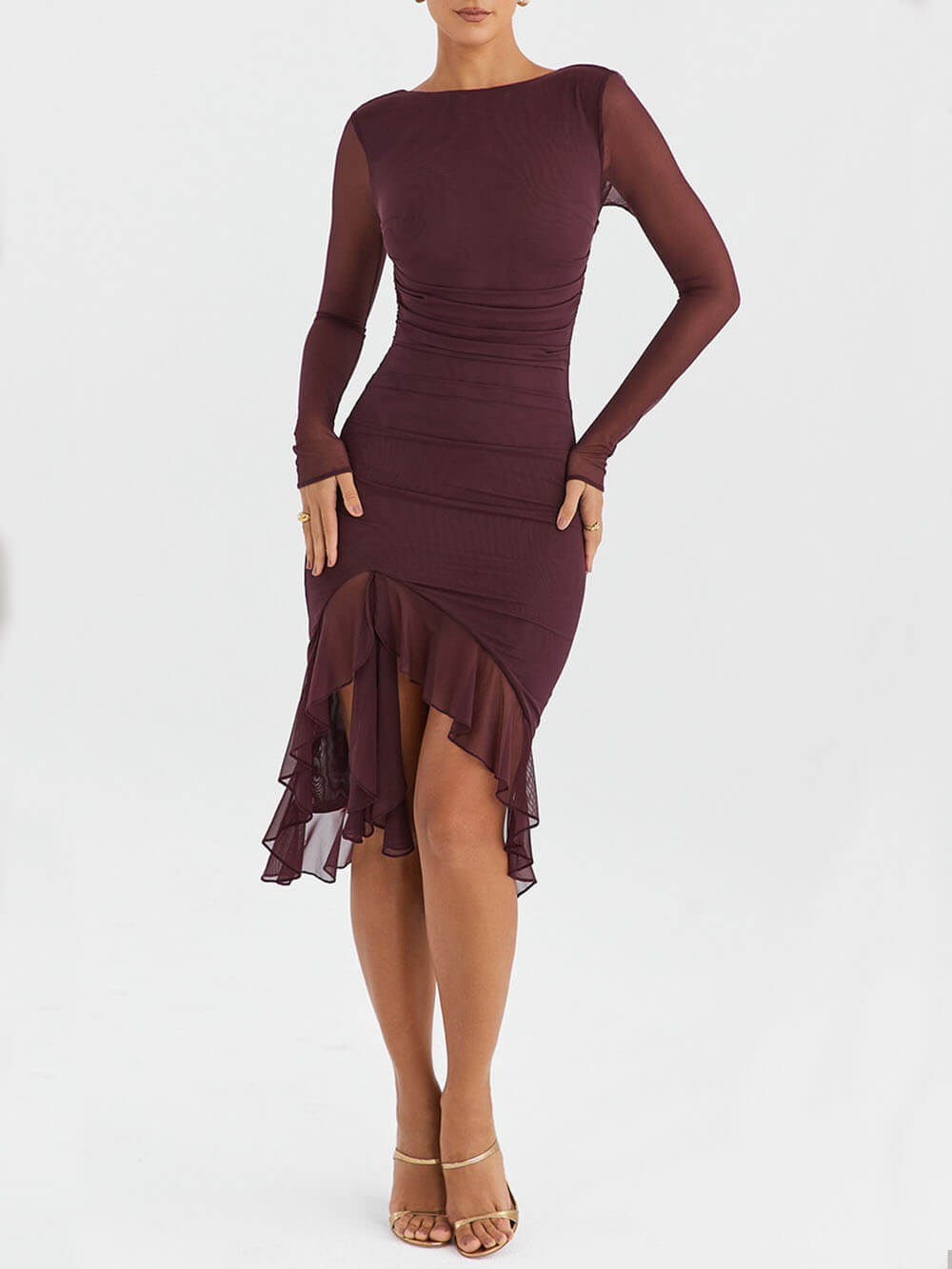 Midi Dress with Burgundy Ruffles