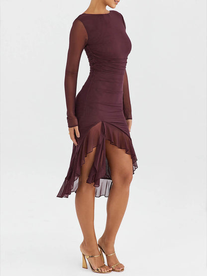 Midi Dress with Burgundy Ruffles