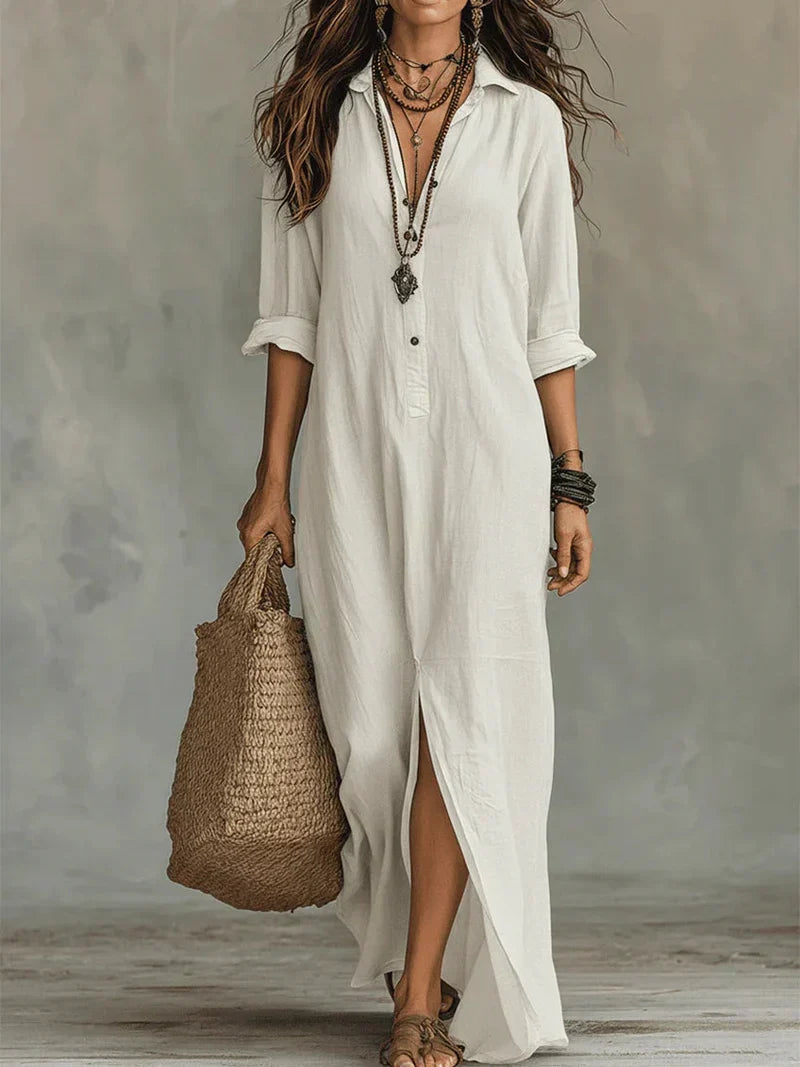 Céline™ | Black Loose Maxi Dress with Buttons