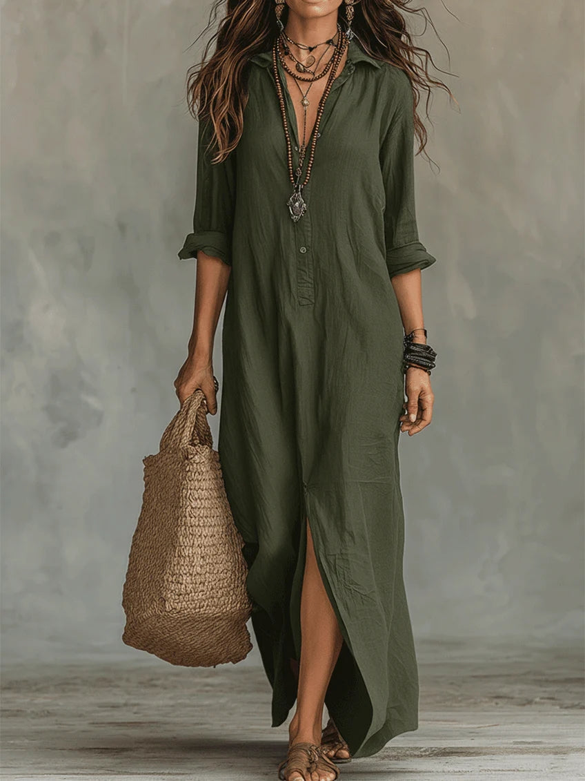 Soline™ | Oversized Black Maxi Dress with Buttons