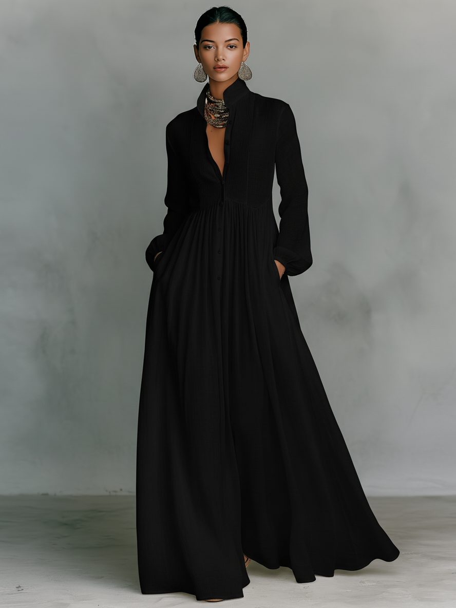 Patchwork Maxi Dress Stand Collar