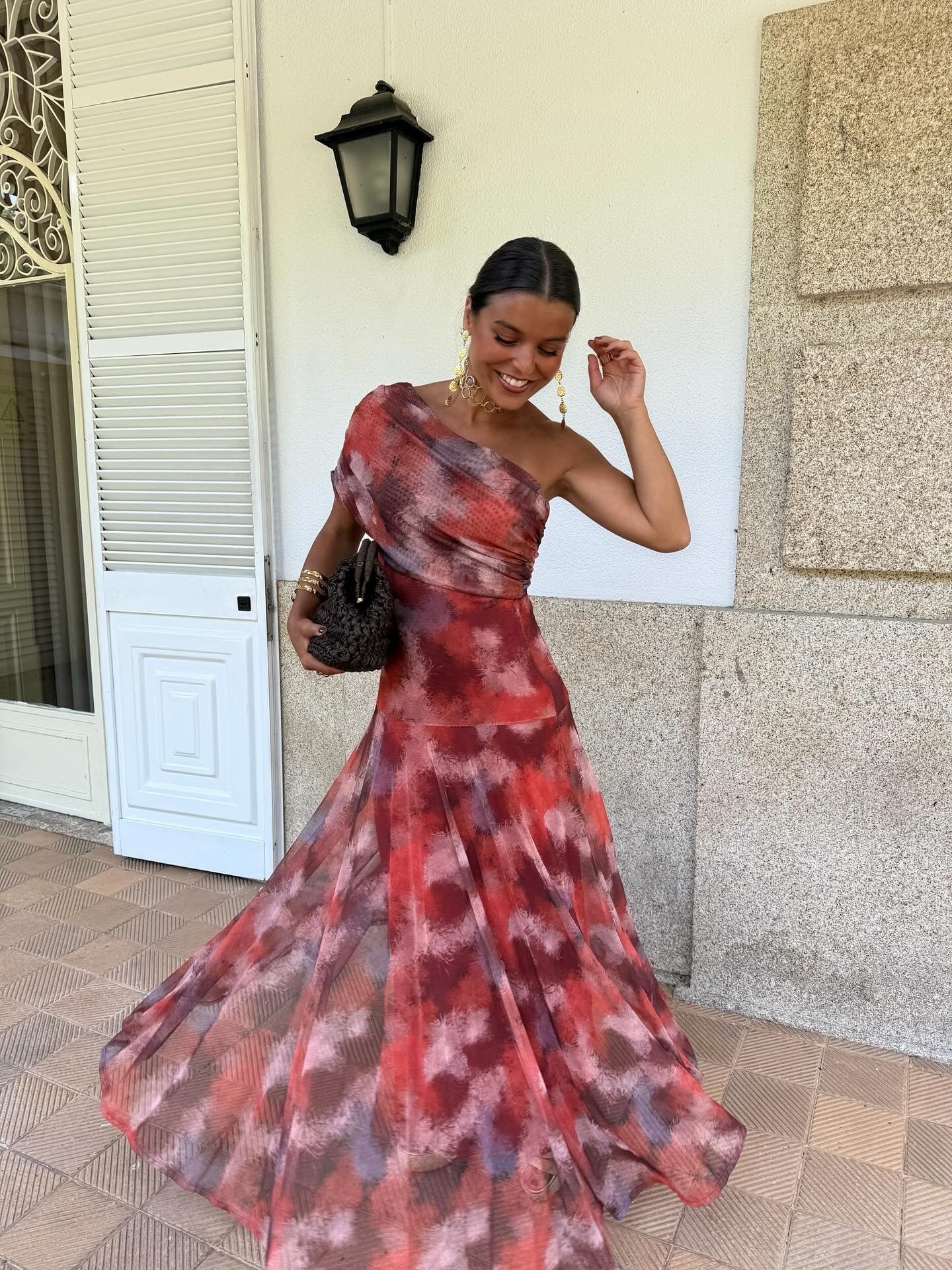 Long watercolor dress with dropped shoulders